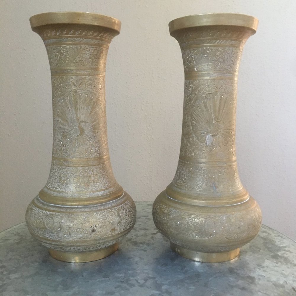 Pair(2) Brass Bud Vases Genie Bottle Peacock